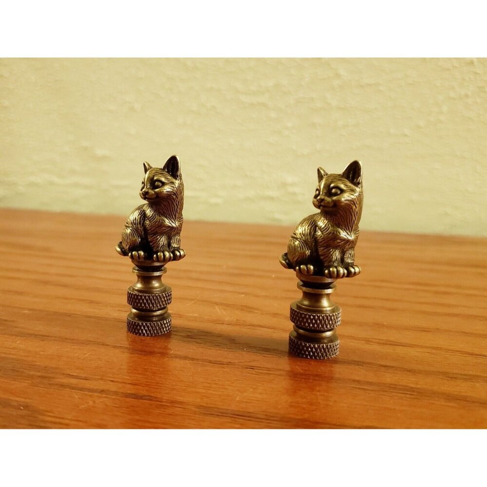 Cat Kitten Lamp Finial Shade Topper Ornate Retro Antique Brass 2" Set of 2 New